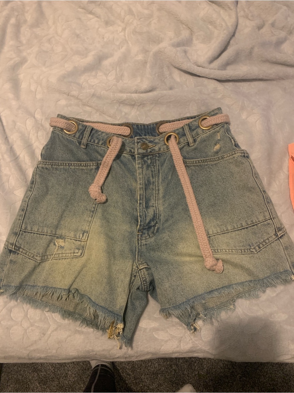 High-Waist Washed Denim Shorts with Pink Rope Belt
